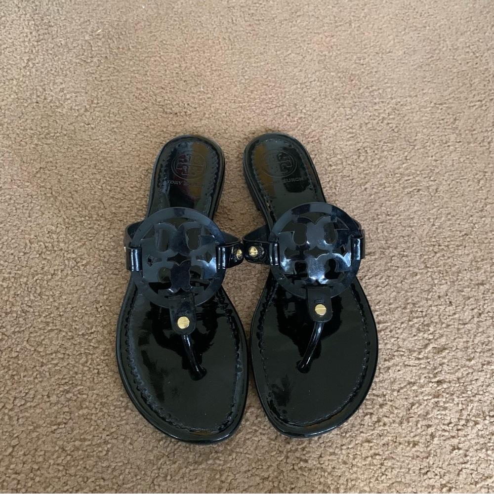Tory Burch Miller Black Patent Leather Sandals Size 8.5
